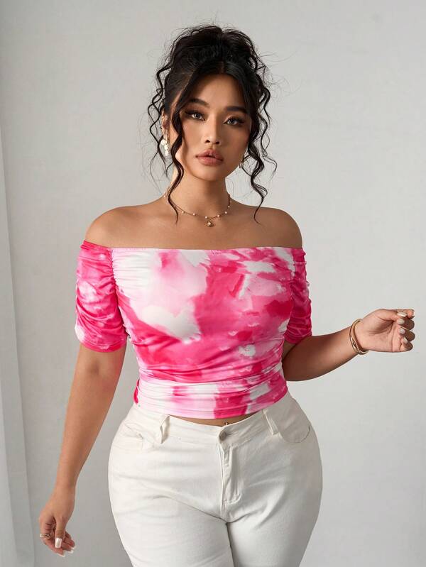 Elenzga Camiseta de manga corta con hombros descubiertos, fruncida y efecto tie-dye en talla grande