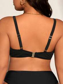 SHEIN Swim Curve Swim Basics Plus Size Women Beach Tankini Top - Solid Color, Open Back, Chest Pleat Design, Fashion Versatile, Suitable For Summer Vacation - Black - View 3