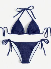 SHEIN Swim Women's Metallic Glitter Navy Halter Bikini Set, Elegant Minimalist, Suitable For Music Festival, Holiday, Beach Party, Spring/Summer - Blue - View 5