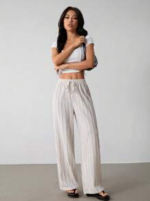 SHEIN PETITE Women's Striped Drawstring Waist Wide Leg Loose Casual Pants, For Daily Wear, Suitable For Spring, Summer And Autumn, French Holiday - Apricot - View 4