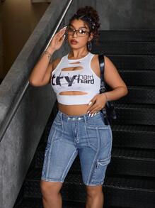 SHEIN ICON Plus Size Summer Casual Washed Denim Shorts - Light Wash - View 6