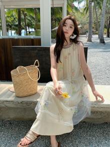 DAZY Women's Ruffled Casual Resort Layered Midi Dress With Embroidery And Mesh, Spring & Summer Sundress - White - View 6