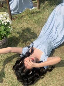 DAZY Women's Solid Color Casual Cap Sleeve Mid-Length Dress - Baby Blue - View 2