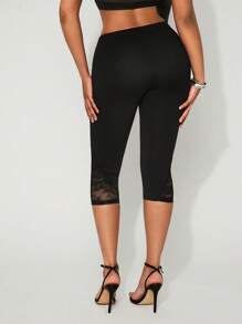 SHEIN SXY Women's Solid Color Elastic Waist Contrast Lace Capri Leggings