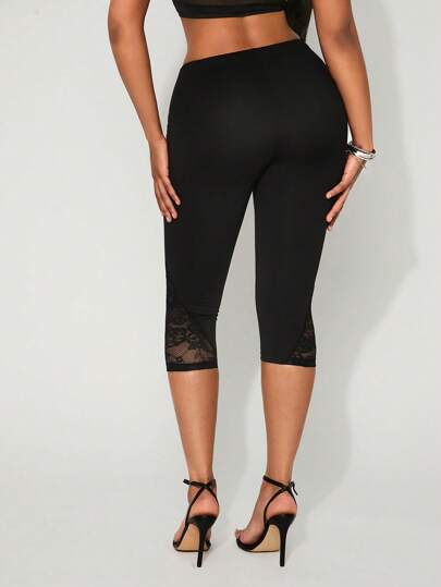 SHEIN SXY Women's Solid Color Elastic Waist Contrast Lace Capri Leggings