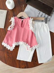 SHEIN 女婴时尚花卉蕾丝边休闲优雅套装，柔软面料，适合室内或室外活动，春夏季 - 彩色 - 查看 2