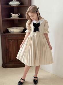 Collegestil süße Schleife Dekor plissiertes Mädchenkleid