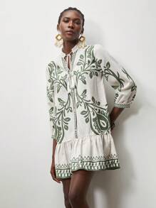 Lumivelle 女士度假风海滩印花宽松连衣裙 - 杏色 - 查看 8