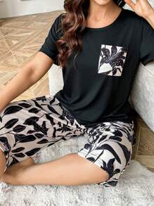 Floral Print Pouch Pocket Short Sleeve & Capri Pants Set - Multicolor - View 3