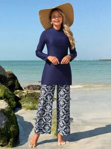 Swim Mulvari Women's Modest Elegant Vacation Solid Color Long Sleeve Top And Floral Print Bottoms Burkini Swimsuit Set For Summer - Multicolor - View 5