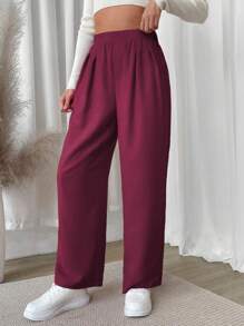 SHEIN Unity Solid Color Elastic Waist Casual Straight Leg Pants Fall Cloth For Women - Burgundy - View 5