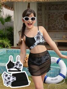 Cute Coconut Tree Print Girls Bikini Set, Highlighting Adorable & Tropical Style Swimwear - Multicolor - View 1