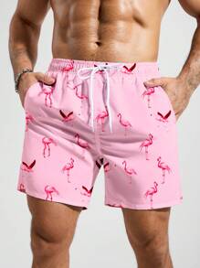 Surfspeed Men's Flamingo Print Drawstring Waist Beach Shorts (Print Style Random),Hawaiian