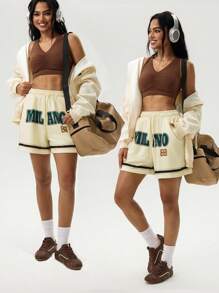 Hanevo Women's Letter Print Drawstring Waist Loose Casual Shorts Sportwear For Daily Wear