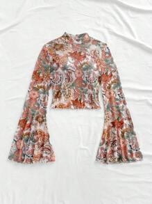 Soleia 花卉印花高領喇叭袖透視網格短襯衫女裝 - 白色 - 查看 6