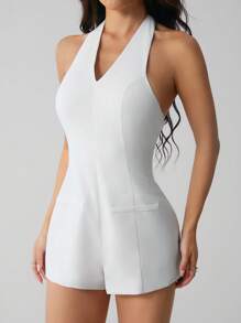 SHEIN PETITE Tuta con pantaloni a zampa e scollo profondo a V, stile corto per donne, di colore bianco