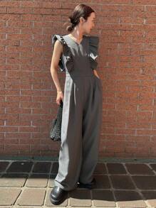 FRIFUL 女士休闲纯色荷叶边无袖连体裤