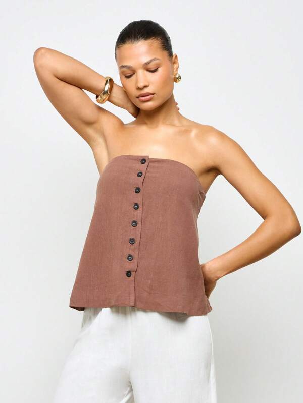 AiiRZ Top sin tirantes con aspecto de lino, chaleco ajustado con botones, parte superior casual de verano sin mangas acortada, top tipo corsé minimalista y elegante para oficina, trabajo y fiestas