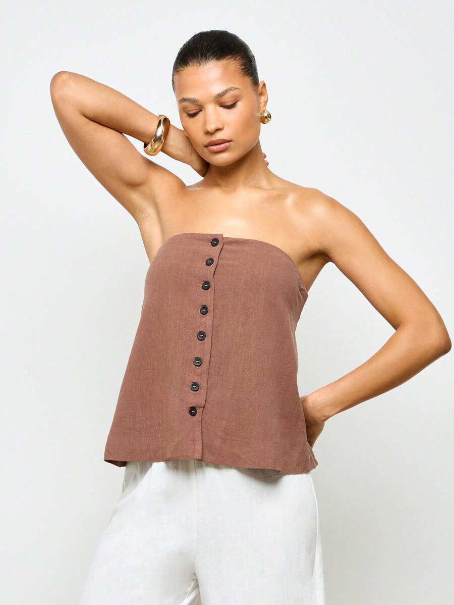 AiiRZ Linen Look Bandeau Waistcoat Button-Front Strapless Top Summer Casual Sleeveless Cropped Bustier Office Professional Workwear Minimalist Tailored Party Evening