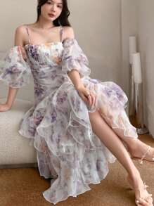 DAZY 女士露肩印花收腰连衣裙度假装扮 - 彩色 - 查看 2