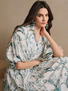 Anewsta 优雅、度假、约会之夜、花卉印花、宽松款式、连衣裙、绿色、女士、春夏 - 藍色 - 查看 1