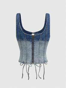 ROMWE Grunge Punk Atasan Crop Denim Seksi Gaya Y2K dengan Blok Warna dan Tali Pengikat - Biru - View 2