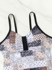 Swim Lushoire 2pcs/Set Summer Women's Floral Print Spaghetti Strap Camisole Top & Solid Color Boyshort Bikini Set, Elegant