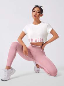 Sovereign Charm Women's Round Neck Short Sleeve Letter Print Simple Top And Pants Casual Versatile Sports Suit Workout Women Setwomen Workout Set Women Leggings Set Gym Women Outfit