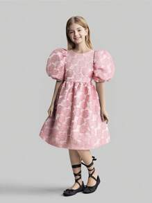 Ontre Tween Girls Loose & Comfy Party Bubble Sleeve Bow Decor Backless Design Textured A-Line Casual Solid Color Dress - Baby Pink - View 2