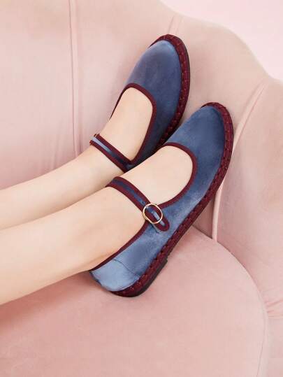 CUCCOO DOLLMOD Sapatos baixos Mary Jane de veludo clássico, elegante e confortável, azul meia-noite, para mulheres