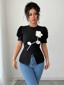 Elenzga Women's Round Neck Contrast Color Gigot Sleeve Floral Print T-Shirt - Black - View 4