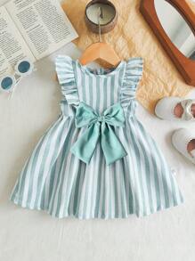 Baby Girl/Infant/Toddler 0-3 Years Old Casual Elegant Resort Blue & White Stripe Heart & Flared Cap Sleeve Loose A-Line Dress, Perfect For Outings - Green - View 1
