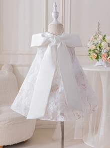 SHEIN Glamorique Kids Abito da damigella bianco da sposa con fiori bianchi 3D ricamati per bambine, abito a sacco con colletto in raso e fiocco grande, elegante outfit da festa per bambine