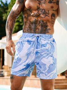 Surfspeed Plus Size Men's Marble Print Drawstring Waist Pockets Beach Shorts,Hawaiian - Multicolor - View 5