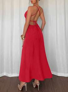 Islaluna 简单优雅的纽扣装饰吊带背心连衣裙，夏季 - 紅色 - 查看 2