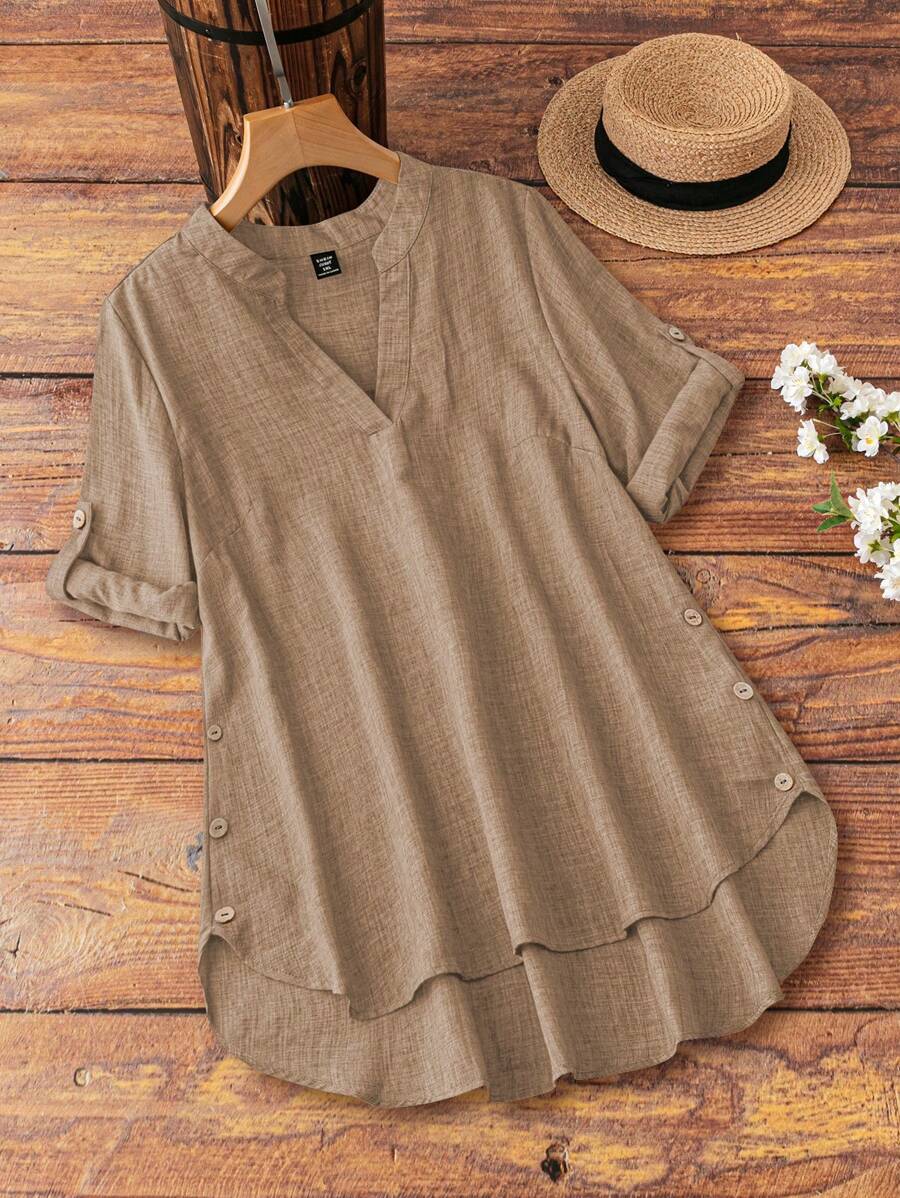 EMERY ROSE Plus Size Summer Casual Button Decor Asymmetric Hem Collared Shirt - Khaki - View 1