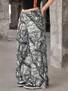 SHEIN Teen Girls' Twig Pattern Wide Leg Loose Casual Versatile Jeans - Multicolor - View 6