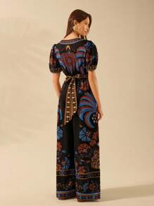 CAJUNI 女士节日椰子树、鹦鹉和银杏叶彩色复古印花 V 领泡泡袖系腰长款黑色连体裤 - 彩色 - 查看 3