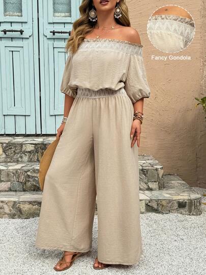 Breezaya 大码露肩松紧腰宽松连体裤