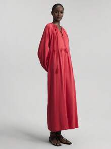 Ontre 西瓜红波西米亚度假流苏系带灯笼袖休闲连衣裙