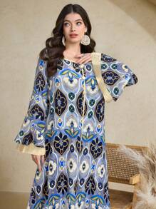 Al Najma Vestido de mujer con diseño de botones y manga acampanada con estampado floral, estilo vacacional - Azul - Ver 2