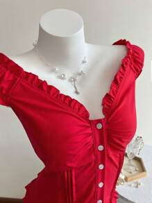 Elamini Blusa de mujer de manga corta con cuello en V, volantes y abotonadura sencilla para uso casual y de vacaciones, color rojo