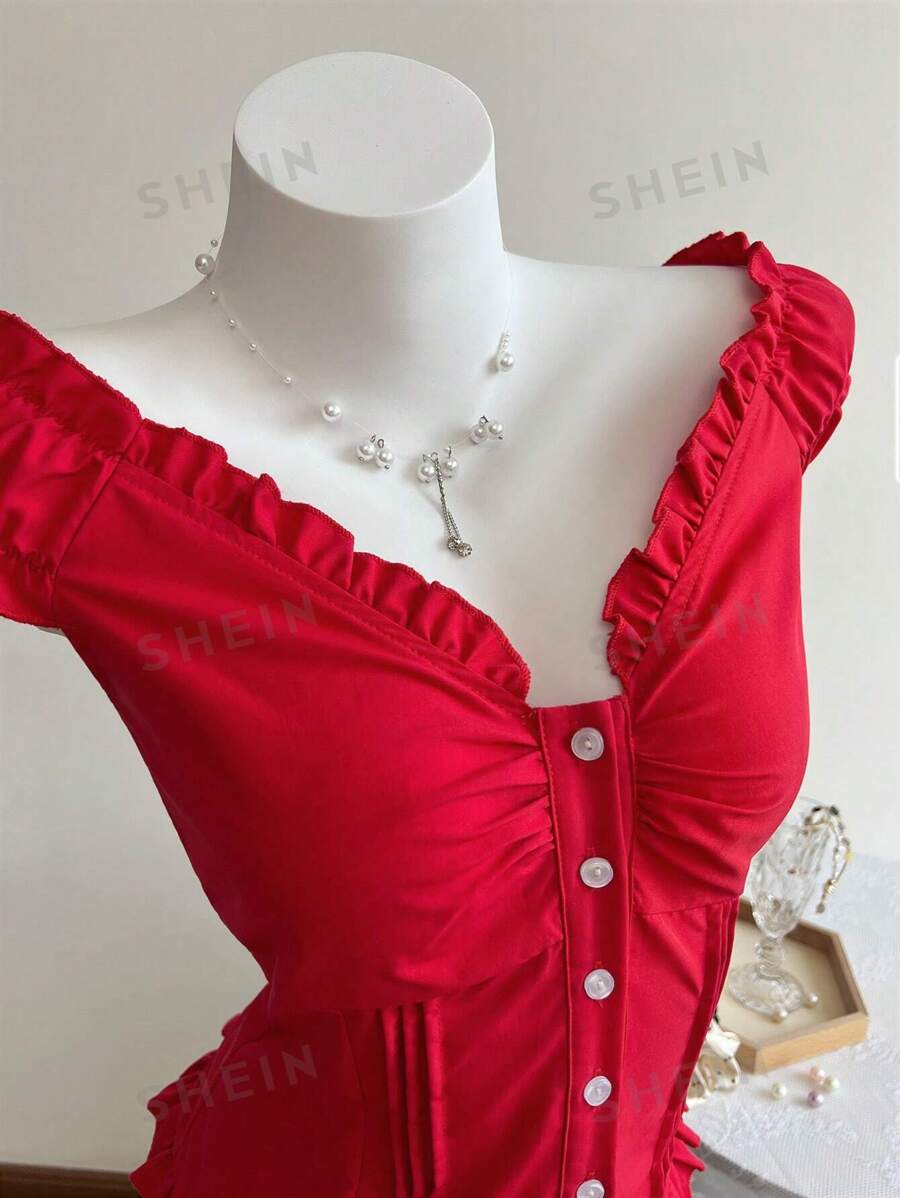 Elamini Blusa de mujer de manga corta con cuello en V, volantes y abotonadura sencilla para uso casual y de vacaciones, color rojo
