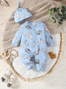 Newborn Beige Minimalist Allover Dinosaur Print Long Sleeve Footed Jumpsuit With Hat & Gloves, Outfit Set - Royal Blue - View 6
