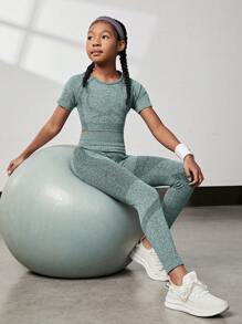 SHEIN 1pc Tween Girls Leggings Long Pants, Gray Peach-Hip Sports Fitness Gym Training Yoga Tights, Spring/Autumn - Baby Blue - View 5