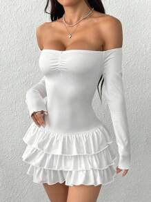 SHEIN EZwear Women's Solid Color Pleated Off Shoulder Long Sleeve Ruffle Hem Mini Dress - White - View 5