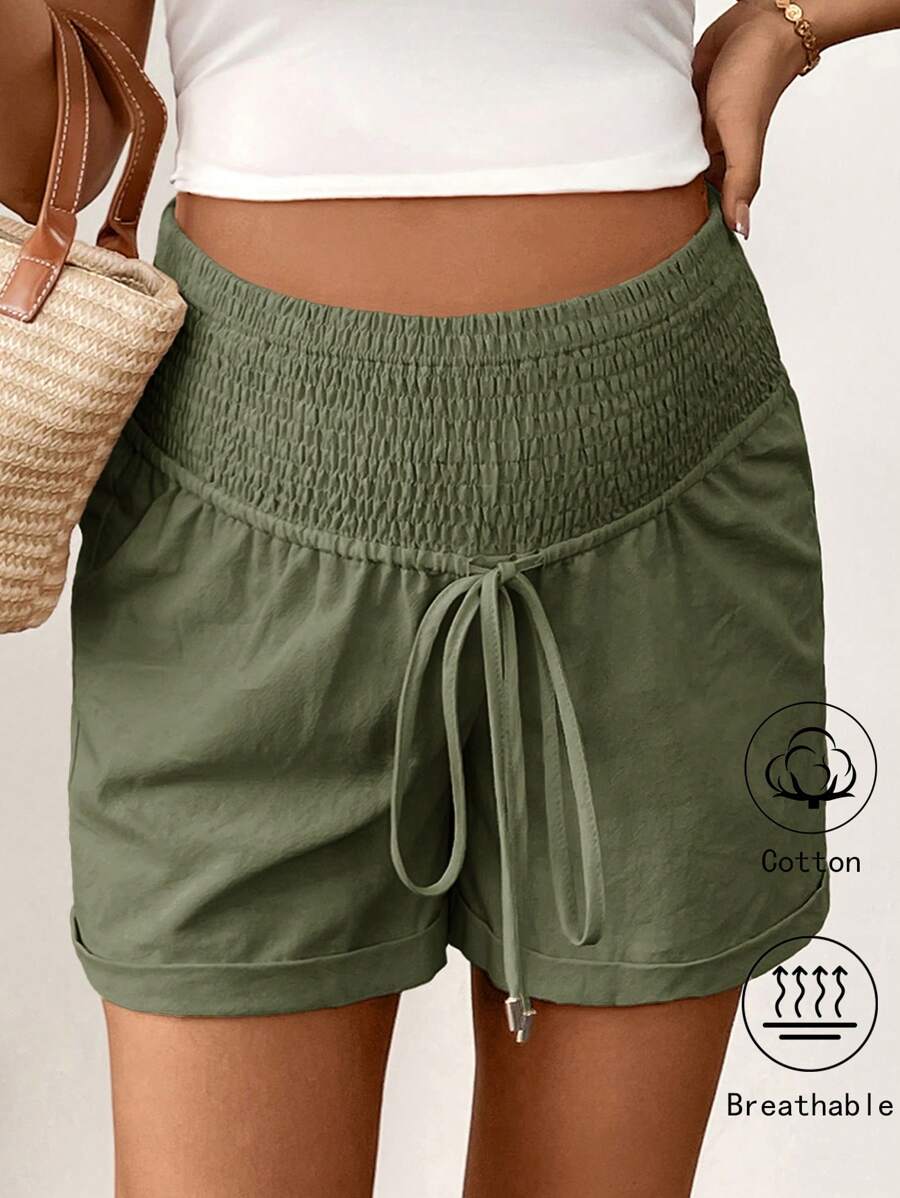 SHEIN Maternity Solid Color Drawstring Waist Casual Shorts For Vacation - Army Green - View 1