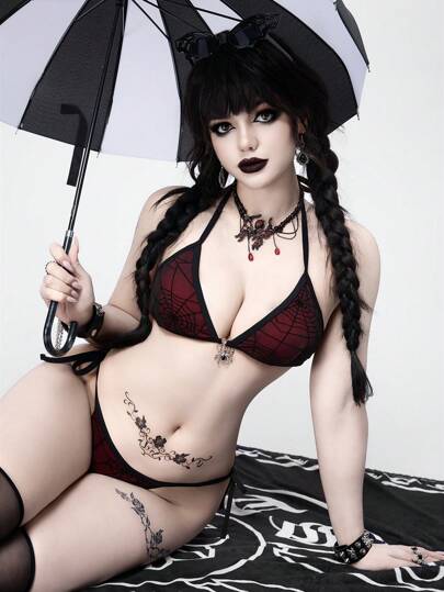 2 pièces/Set Bikini femme à design toile d'araignée ajouré, noir et rouge, tenue de plage décontractée pour fête, gothique avant-gardiste, Halloween