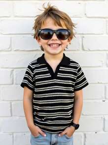 SHEIN Genkimix Kids 1pc Young Boy Casual School Style Waffle Striped Knit V-Neck Polo Shirt Summer Holiday
