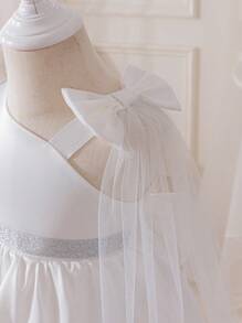 SHEIN Glamorique Kids Baby Girl Flower Girl Removable Big Bow Shoulder Wedding Dress, Elegant Mesh Dress Suitable For Wedding, Festivals, Parties, Summer Baby Dress Girl Wedding Princess Dress For Girls Baby Girls Dresses Baby Elegant Dress Baby Girl Dress Wedding
